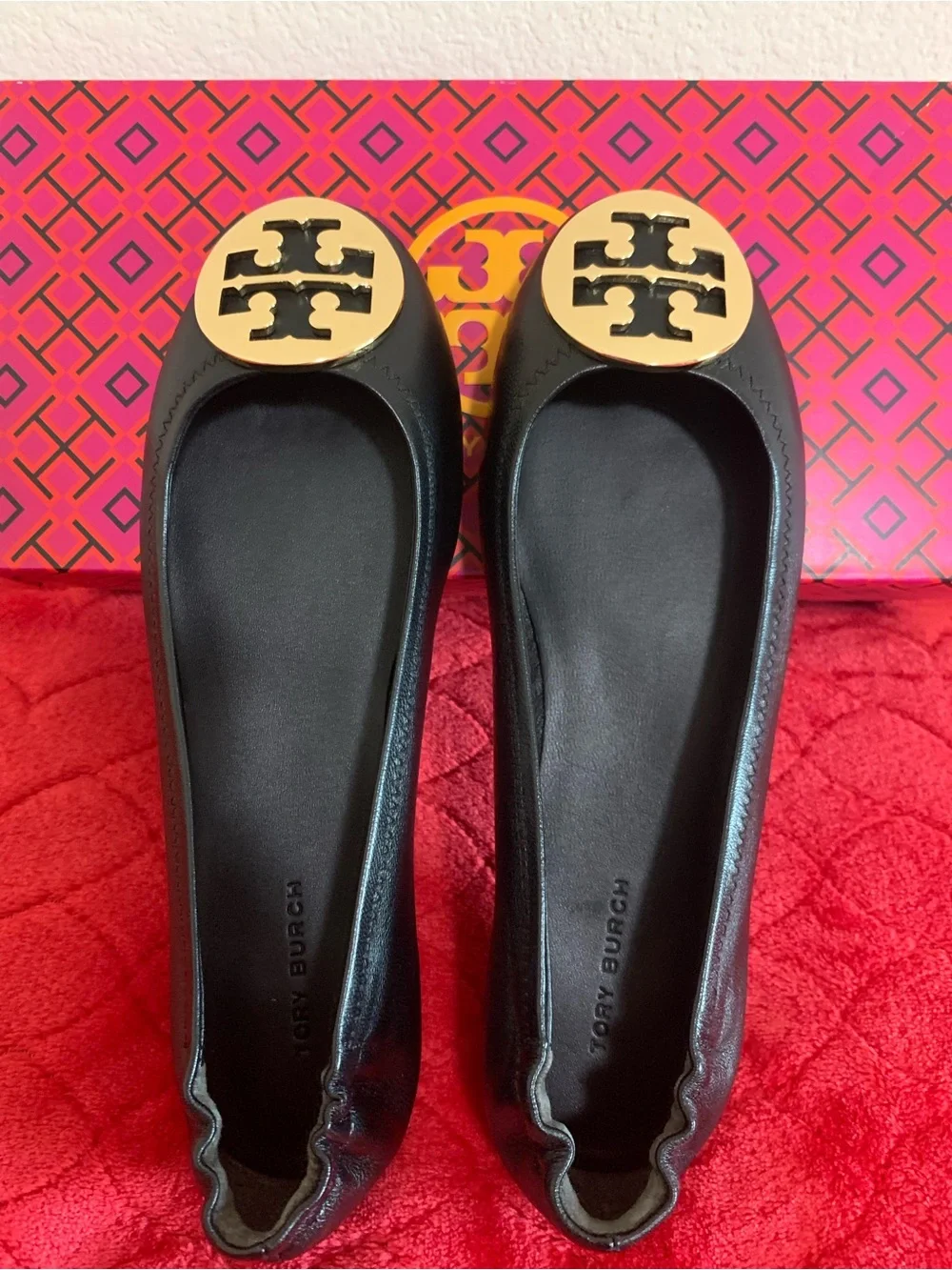 Tory Burch Black Leather Ballet Flats with Gold Logo Medallions